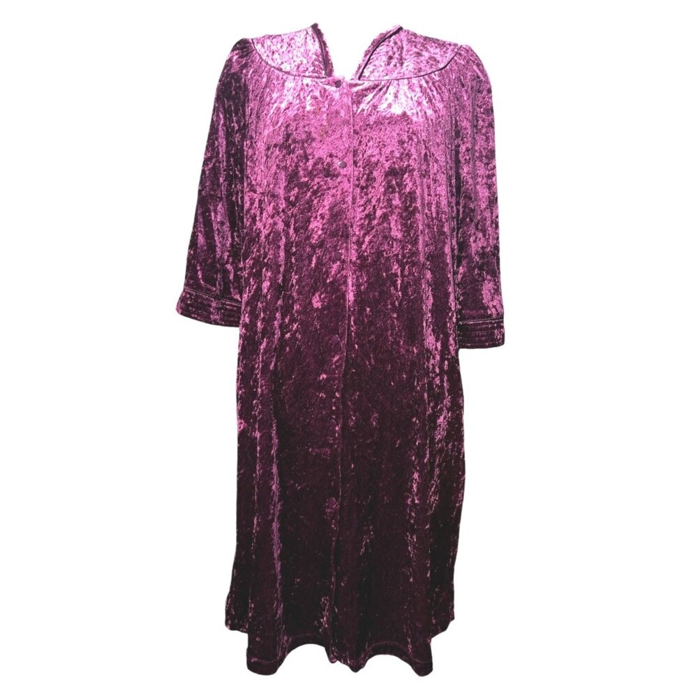 Vintage GS Purple Velvet Velour V Neck Button Front Night Gown Sz Medium Womens